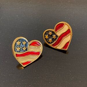 Vintage Avon Red White & Blue Enamel American Flag Heart Pierced Earrings
